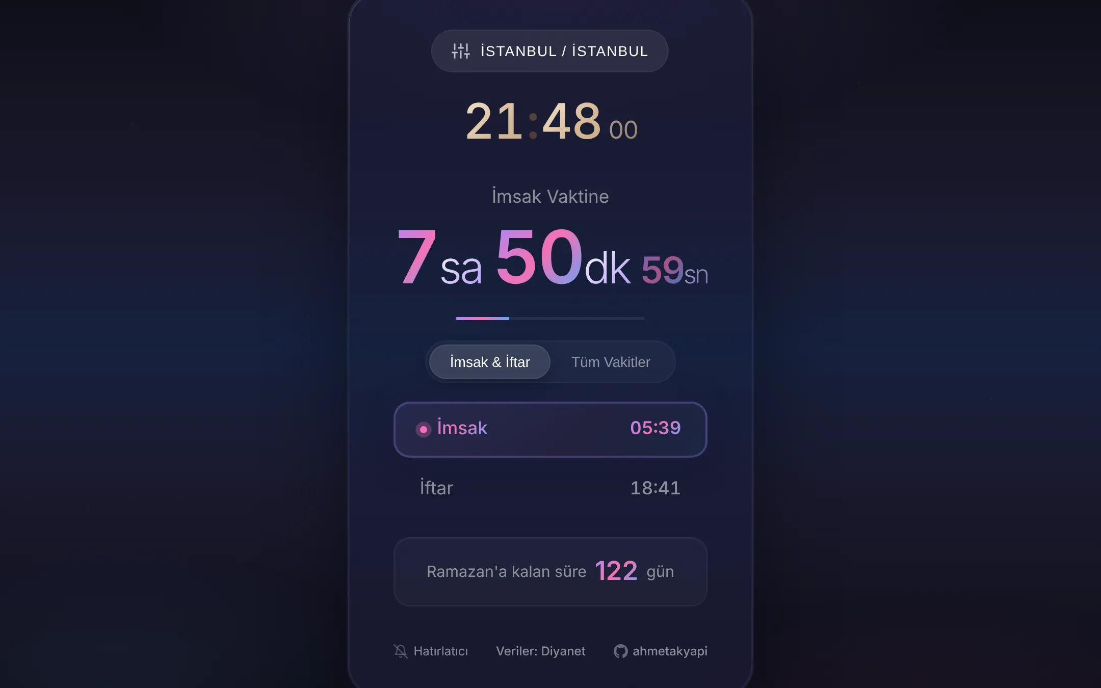 Ramazan Vakitleri ana ekranı